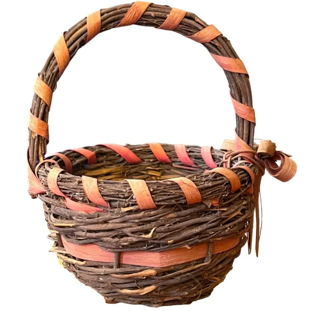 Vtg Shabby Chic Rustic Brown Oval Basket Sticks Twigs Fiber Bow & 